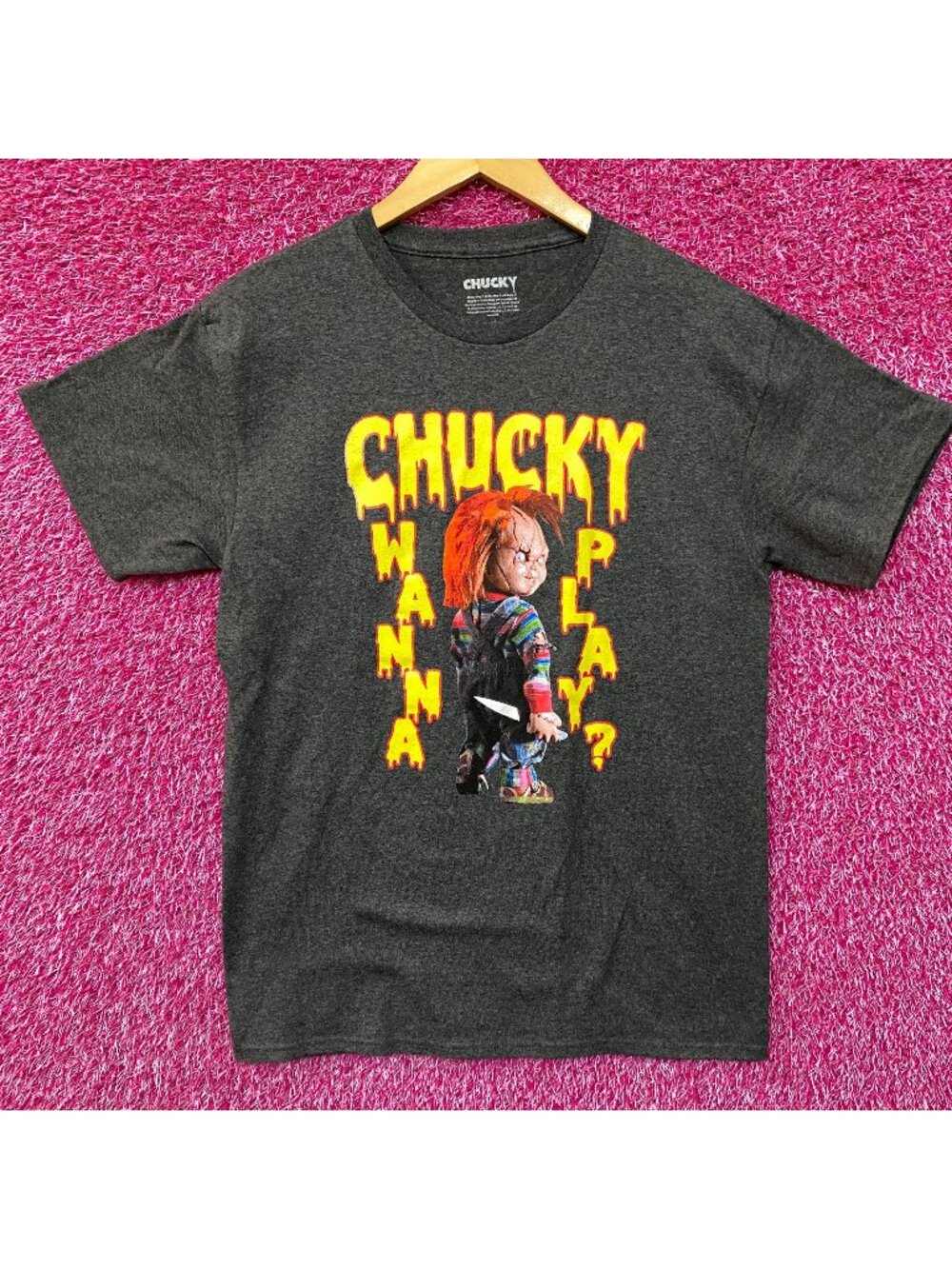 Chucky Wanna Play Graphic Design Gray T-Shirt Medium